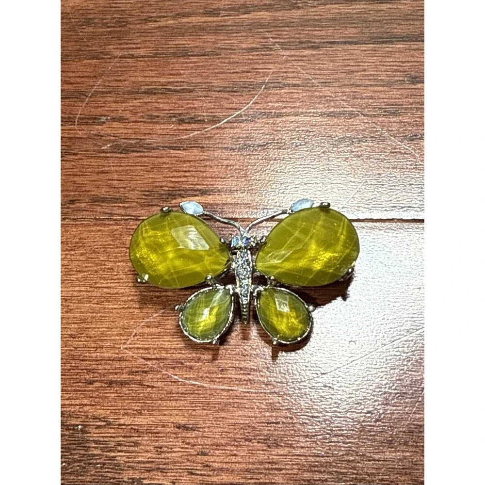 Vintage Amber Stone Yellow Butterfly Pin Brooch Silver Tone